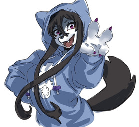 4_fingers anthro black_body black_fur black_hair black_nose breasts claws clothed clothed_anthro clothed_female clothing fangs female female_anthro finger_claws fingers fur gesture hair hand_gesture hand_on_hip happy hoodie kemono looking_at_viewer open_mouth open_smile oversized_clothing pink_eyes simple_background smile solo tail teeth text text_on_clothing tongue topwear v_sign white_background white_body white_fur wanda_yu okami-san_(wanda_yu) canid canine canis mammal wolf 2025 digital_media_(artwork) half-length_portrait hi_res japanese_text portrait reaction_image translation_request