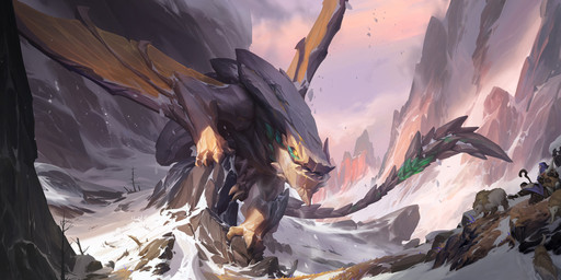 ambient_mammal ambiguous_gender breath day detailed_background feral glowing glowing_eyes grass green_eyes membrane_(anatomy) membranous_wings mountain outside plant quadruped rock snow solo tail tree wings yuyu_wong league_of_legends legends_of_runeterra mythology riot_games tencent ambient_human dragon elemental_creature mineral_fauna mythological_creature mythological_scalie rock_creature scalie 2:1 digital_media_(artwork) hi_res official_art