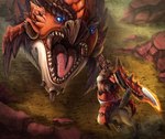 ambiguous_gender anthro blue_eyes clothed clothing duo feral fur male open_mouth scales tail teeth tongue doodlebarr capcom european_mythology monster_hunter mythology dragon felid feline felyne flying_wyvern lynian mammal mythological_creature mythological_scalie rath_wyvern rathalos scalie western_dragon wyvern digital_media_(artwork) hi_res