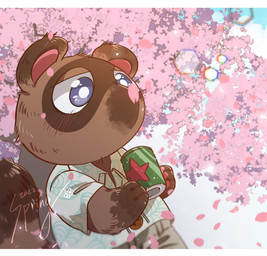 aloha_shirt anthro beverage blue_eyes blush brown_body brown_fur cherry_blossom chibi clothing flower fur lens_flare male pattern_clothing pattern_shirt pattern_topwear plant prunus_(flower) shirt solo topwear shandrawaka animal_crossing nintendo tom_nook_(animal_crossing) canid canine mammal raccoon_dog tanuki hi_res