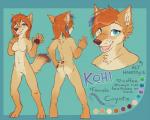 anthro biped blue_eyes bracelet breasts chest_tuft feathers female heart_symbol jewelry looking_at_viewer nude smile solo standing text tuft ailuranthropy kohi_(waruikoohii) canid canine canis coyote mammal 2015 english_text model_sheet