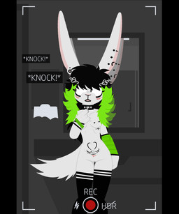 accessory almost_caught anthro arm_wraps barbell_piercing bathroom big_ears black_clothing black_legwear black_thigh_highs blush blush_lines breasts camera_view clothing collar collarbone cute_fangs ear_piercing fangs female female_anthro floppy_ears fluffy fluffy_tail fur green_hair hair hair_accessory hairpin industrial_piercing industrial_piercing_ladder legwear long_ears looking_away lop_ears medium_hair mirror mirror_reflection mostly_nude_anthro mostly_nude_female navel nipple_barbell nipple_piercing nipples no_irises piercing pink_nose public_restroom recording_video reflection skinny_anthro skinny_female small_breasts small_waist snout solo tail teeth text thigh_gap thigh_highs thigh_highs_only torso_blush user_interface white_body white_fur womb_tattoo wraps dog_brained eddy_(dog_brained) lagomorph leporid mammal rabbit 2024 absurd_res aliasing digital_media_(artwork) english_text hi_res japanese_text portrait three-quarter_portrait unavailable_at_source