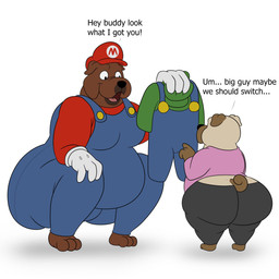 anthro big_butt black_bottomwear black_clothing black_eyes black_nose black_pants blue_clothing blue_overalls bottomwear brown_body brown_ears brown_fur brown_tail butt clothing cosplay costume crossover_cosplay crouching curled_tail duo exclamation_point fur gesture giving_gift gloves green_clothing green_hat green_headwear green_shirt green_topwear halloween_costume hand_gesture hand_on_knee hand_on_leg hand_on_own_knee hand_on_own_leg handwear hat headgear headwear holding_clothing holding_object holidays huge_butt looking_at_another male mismatched_ears multicolored_body multicolored_fur obese obese_anthro obese_male overalls overweight overweight_anthro overweight_male pants pink_clothing pink_shirt pink_topwear pointing pointing_at_object rear_view red_clothing red_hat red_headwear red_shirt red_topwear shirt short_tail simple_background size_difference standing tail text thick_thighs three-quarter_view tongue topwear two_tone_body two_tone_fur two_tone_hat white_background white_clothing white_gloves white_handwear white_hat white_headwear colossalstars halloween mario_bros nintendo bendro_(colossalstars) billy_(colossalstars) luigi mario bulldog canid canine canis domestic_dog mammal mastiff molosser pug small_molosser toy_dog 1:1 2025 absurd_res crossover digital_media_(artwork) english_text hi_res