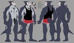 abs anthro balls bottomwear clothed clothing flaccid genitals grey_background humanoid_genitalia humanoid_penis male muscular muscular_male nipples nude pecs penis pubes shirt shorts simple_background solo tank_top text topwear mr_sharky fish marine shark english_text hi_res model_sheet