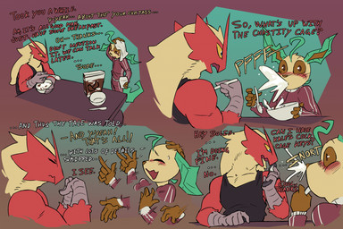 anthro biped black_clothing blue_eyes blush blush_lines bottomwear bowl breakfast brown_eyes cereal clothed clothed_male clothing container cutlery dialogue eating eyes_closed food gesture kitchen_utensils male male_anthro open_mouth red_body shirt simple_background spitting_drink spoon surprised text tools topwear towel towel_on_head tracksuit vonepitaph nintendo pokemon byron_(vonepitaph) kale_(vonepitaph) blaziken eeveelution generation_3_pokemon generation_4_pokemon leafeon pokemon_(species) 2025 comic digital_media_(artwork) english_text hi_res