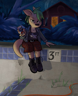 alcohol anthro beer belt beverage beverage_can biped black_belt black_boots black_clothing black_eyes black_footwear black_nose black_topwear boots bottomwear breasts cabin canned_drink cigarette clothing drained_swimming_pool ear_piercing eyebrow_piercing eyelashes facial_piercing female footwear green_hair hair holding_beverage holding_object looking_at_viewer medium_breasts night outside pattern_bottomwear pattern_clothing pattern_skirt piercing plaid plaid_bottomwear plaid_clothing plaid_skirt plant plant_pot poolside potted_plant shirt shoes skirt smoking smoking_cigarette solo swimming_pool tank_top tile tile_wall topwear wall_(structure) window_shade sonderjen gloria_(sonderjen) macropod mammal marsupial wallaby hi_res