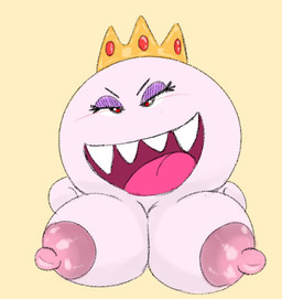 areola bedroom_eyes big_breasts breasts crown female floating_head_creature headgear heart_eyes heart_symbol looking_at_viewer narrowed_eyes nipples nude open_mouth open_smile pink_nipples red_eyes seductive smile solo tongue white_body neom-daddy mario_bros nintendo boo_(mario) ghost spirit