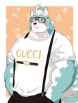 anthro biceps eyewear glasses male muscular muscular_anthro muscular_male pecs solo suspenders hmkeito asian_mythology east_asian_mythology gucci japanese_mythology lifewonders mythology tokyo_afterschool_summoners oguchi_magami_(tas) canid canine canis mammal wolf hi_res