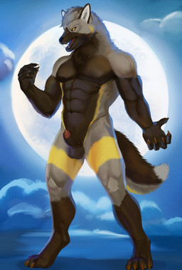 anthro athletic athletic_anthro balls brown_body claws cloud fangs fur genitals grey_body light male moon moonlight muscular night nude outside penis simple_background solo striped_body stripes tail teeth yellow_eyes yellow_stripes dimonis canid canine fox mammal werecanid werecanine werecreature werefox colored hi_res