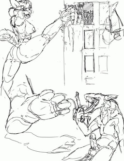 anthro balls butt destruction erection feet female fur genitals group holding_micro holding_prey imminent_oral_vore imminent_vore long_tongue macro male micro nude nude_anthro nude_male open_mouth penis pose raised_tail simple_background tail tongue tongue_out jeri_kleinlowe lagomorph leporid mammal rabbit sergal 2009 black_and_white hi_res monochrome sketch