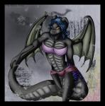 absurd_res anthro ashra athletic biped black_border blue_hair border bottomwear breasts clothed clothing dragon female hair hi_res horn koshkio looking_at_viewer muscular muscular_anthro mythological_creature mythological_scalie mythology non-mammal_breasts scales scalie short_hair shorts solo standing stripes tail the_clan topwear tribal tube_top wings