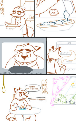 ambiguous_gender anthro biped cloud dessert food furniture humor inside male noose pastry pie solo sun table window the_weaver disney zootopia gideon_grey canid canine fox mammal red_fox true_fox comic hi_res