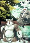 anthro asian_clothing belly black_body black_fur clothing detailed_background duo east_asian_clothing eyes_closed fundoshi fur japanese_clothing male moobs navel outside overweight overweight_male robe sitting underwear water white_body white_fur mitei mti777 bear canid canine fish giant_panda mammal marine 2017 hi_res