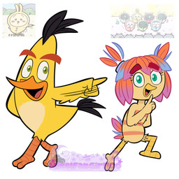3_toes 4_fingers anthro beak black_body black_feathers eyebrows feather_hair feathers feet female feral fingers green_eyes head_feathers male orange_beak orange_eyebrows pink_eyebrows pose pseudo_hair teal_eyes toes yellow_body yellow_feathers mixelfangirl100 angry_birds rovio_entertainment sega the_angry_birds_movie chuck_(angry_birds) june_(angry_birds) atlantic_canary avian bird canary finch oscine passerine hi_res