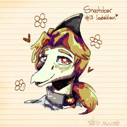 anthro blonde_hair flower front_view hair heart_symbol long_hair looking_at_viewer male markings open_mouth open_smile pattern_background plant red_eyes simple_background smile solo spots spotted_markings striped_background tan_body text yellow_body by:_muun cavemanon_studios i_wani_hug_that_gator iadakan prehistoric_species pterosaur reptile scalie 1:1 2025 absurd_res artist_name character_name colored guide_lines headshot_portrait hi_res portrait