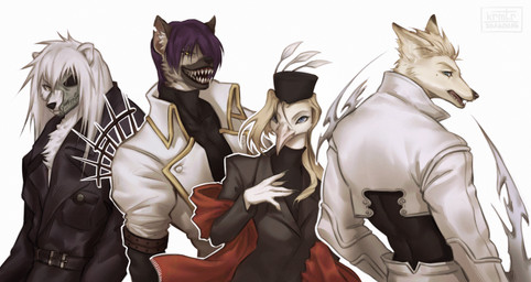 alternate_species anthro beak black_clothing blonde_hair clothing coat eye_patch eyewear female group hair long_hair looking_at_viewer male mask military_uniform purple_hair serious sharp_teeth simple_background teeth topwear trigun_maximum uniform white_background white_clothing white_coat white_hair white_topwear krematoria trigun trigun_stampede avian bear bird canid canine fox galliform hyena mammal peafowl phasianid absurd_res crossover half-length_portrait hi_res portrait
