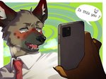 anthro blush brown_body brown_fur clothing duo electronics fur looking_at_cellphone looking_at_object looking_at_phone male necktie nervous open_mouth phone shirt text topwear pu94_d1de4c aggretsuko sanrio haida_(aggretsuko) hyena mammal spotted_hyena 2023 4:3 english_text hi_res