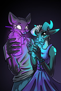 6_eyes anthro beverage bracelet clothing dress drinking_straw duo empty_eyes fangs fangs_bared female gesture glowing hand_gesture horn jewelry long_dress looking_at_viewer male male/female markings multi_eye romantic romantic_couple simple_background teeth v_sign stirren stirren_(stirren) woon_(sixeyedfox) canid canine fox kobold mammal scalie absurd_res hi_res