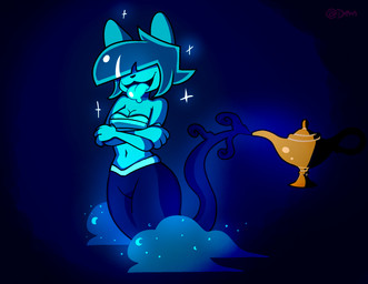 anthro breasts cleavage clothed clothing crescent_(shape) crossed_arms drooling_tongue female floating genie_tail hair harem_outfit harem_pants hidden_eyes magic_lamp open_mouth short_hair tongue tongue_out turqouise_body turqouise_hair claytooning goommy_(goommymuffin) felid feline felis genie ghost mammal spirit colored hi_res