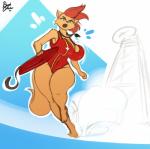 absurd_res anthro bagelcollector big_breasts breasts canid canine clothing curvy_figure female hi_res lifeguard mammal one-piece_swimsuit open_mouth outside running solo swimwear thick_thighs voluptuous whistle_(object) wide_hips