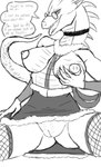 anthro big_breasts breasts butt claws clothed clothing duo eyewear female genitals glasses horn lady_lydia(elementusmetta) nipples nude pussy tail text elementusmetta mythology dragon mythological_creature mythological_scalie reptile scalie absurd_res english_text hi_res monochrome sketch