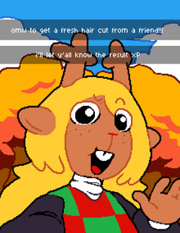 anthro antlers blonde_hair brown_body brown_fur buckteeth checkered checkered_clothing checkered_sweater checkered_topwear clothing exclamation_point eyebrow_through_hair eyebrows female freckled_face freckles fur green_clothing green_sweater green_topwear hair horn long_hair open_mouth outside pattern_clothing pattern_sweater pattern_topwear raised_eyebrow red_nose selfie solo sweater teeth text topwear translucent translucent_hair asepriterico deltarune undertale_(series) noelle_holiday deer mammal new_world_deer reindeer 2025 absurd_res digital_drawing_(artwork) digital_media_(artwork) english_text hi_res meme