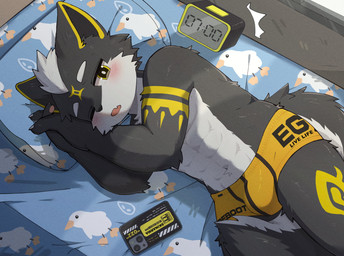 abs alarm_clock anthro bed blush briefs bulge clock clothed clothing furniture kemono lying male on_side one_eye_closed solo text underwear underwear_only tody_0312 canid canine mammal absurd_res english_text hi_res