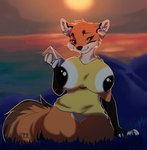 absurd_res anthro big_breasts breasts canid canine clothed clothing container cup detailed_background digital_media_(artwork) english_text female fox fur grass hi_res lake looking_at_viewer mammal novodemon orange_body orange_fur outside plant sea shyryp smile solo sunset tail text thick_thighs water white_body white_fur