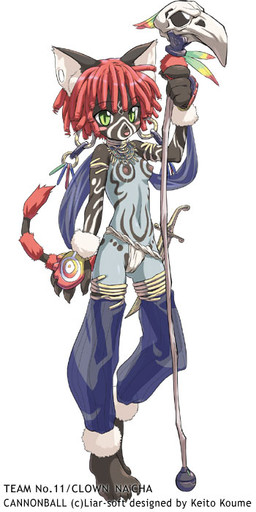 anthro bodypaint bottomwear breasts clothed clothing dreadlocks facial_paint female green_eyes holding_melee_weapon holding_object holding_sword holding_weapon jewelry loincloth markings melee_weapon polearm simple_background skimpy small_breasts solo staff standing sword tail text tongue topless tribal tribal_markings weapon white_background young young_anthro young_female koume_keito cannonball_(game) na'cha domestic_cat felid feline felis mammal english_text