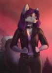 anthro blue_eyes clothed clothing collar day detailed_background eyebrows eyelashes female fur grey_body grey_fur hair outside purple_hair sky smile solo standing koul krystira canid canine fox mammal 2019 digital_media_(artwork)