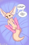 2020 absurd_res aggretsuko annoyed anthro blush breasts canid canine clothing crombie dialogue digital_media_(artwork) english_text fangs female fennec_fox fenneko fox genitals hi_res legwear looking_at_viewer mammal nipples nude pink_stockings pussy sanrio shaded signature solo stockings teeth text true_fox