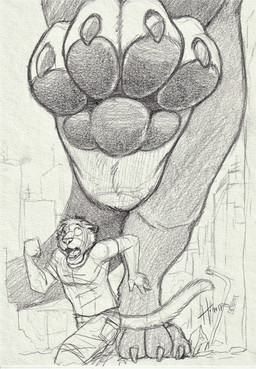 anthro bottomwear claws clothed clothing destruction duo extreme_size_difference fangs head_tuft imminent_crush looking_up macro male male_anthro open_mouth outside pawpads running shirt shorts size_difference slim_anthro slim_male solo_focus t-shirt teeth toe_claws topwear tuft hufnaar felid mammal 2017 absurd_res dated hi_res monochrome sketch