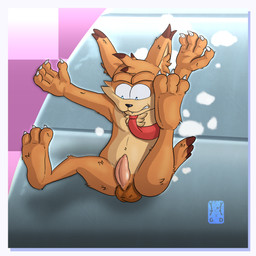 accessory anthro balls border chest_tuft claws fangs flaccid foreskin genitals humanoid_genitalia inner_ear_fluff male metal mostly_nude necktie necktie_only paws penis plantigrade simple_background slide sliding solo teeth tight_foreskin tuft white_border garo_(artist) bubsy_(series) bubsy_4d bubsy_bobcat bobcat felid feline lynx mammal 1:1 2026 absurd_res colored digital_media_(artwork) hi_res line_art shaded signature