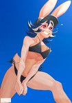 anthro athletic athletic_anthro athletic_female baseball_cap bikini blue_background bodily_fluids bouncing_breasts breasts claws clothing female finger_claws flying_sweatdrops hair hat headgear headwear multicolored_hair scut_tail short_tail simple_background solo sweat sweatdrop swimwear tail teeth two-piece_swimsuit two_tone_hair kemari acerola_(kemari) lagomorph leporid mammal rabbit absurd_res hi_res