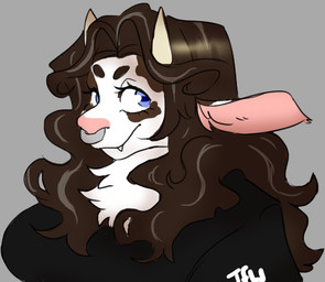 anthro blue_eyes brown_hair facial_piercing female hair horn nose_piercing nose_ring piercing ring_piercing solo bovid bovine cattle mammal headshot_portrait portrait