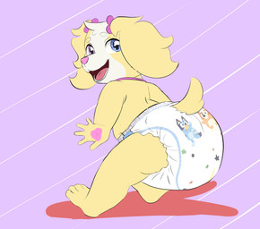 anthro big_diaper blonde_hair clothed clothing collar diaper female hair happy heart_symbol heterochromia pigtails pink_collar pink_hairbow solo wearing_diaper wetness_indicator yellow_body young young_female anonymous_artist bluey_(series) luvs dollie_(triixs) bird_dog canid canine canis cocker_spaniel domestic_dog hunting_dog mammal spaniel hi_res