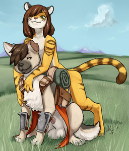 animal_genitalia anthro backpack balls cloud duo feral field genitals male nude outside penis penis_tip sheath sky sleeping_bag aogami arcshep wiiffler canid canine canis domestic_dog felid german_shepherd herding_dog mammal pantherine pastoral_dog tiger 2014 hi_res