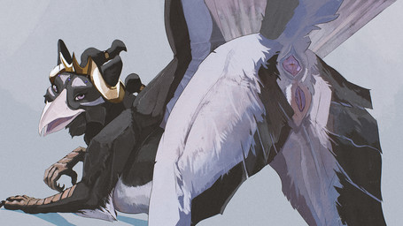 animal_genitalia animal_vulva anus beak black_body black_feathers butt claws crown feathered_wings feathers feline_genitalia feline_vulva female feral finger_claws genitals headgear looking_at_viewer looking_back looking_back_at_viewer presenting presenting_hindquarters scuted_arms scutes solo tail tail_feathers tiara vulva wings cosmiclife mythology keres_(runapup) avian felid gryphon mammal mythological_avian mythological_creature hi_res