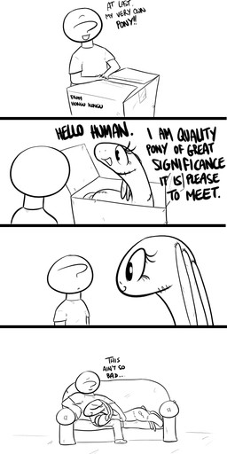 box container cutie_mark dialogue duo exclamation_point female furniture hair male plushie simple_background sleeping smile sofa text white_background shoutingisfun hasbro my_little_pony anon quality_pony_of_great_significance equid equine horse human mammal 2016 comic english_text hi_res monochrome