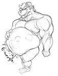 abdominal_bulge absurd_res anthro belly biceps big_belly big_pecs bodily_fluids bodily_noises breasts digestion digestion_noises digital_media_(artwork) drooling gnoll hair hi_res holding_belly hyena looking_at_viewer male mammal monochrome musclegut muscular muscular_anthro muscular_male nipples nude pecs pynkjem rumbling_stomach saliva simple_background smile smiling_at_viewer smirk smirking_at_viewer solo sound_effects spotted_hyena vore