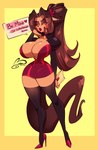 anthro big_breasts biped breasts brown_hair cleavage clothed clothing dialogue dress female footwear hair high_heels legwear letter lipstick long_hair long_tail looking_away makeup ponytail red_lipstick shoes simple_background solo speech_bubble tail thigh_highs tsundere yellow_background ooo-belise-ooo nelle_(belise) domestic_cat felid feline felis mammal 2023 digital_media_(artwork) full-length_portrait hi_res portrait watermark