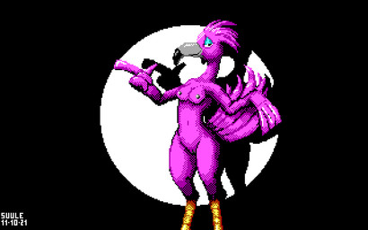anthro beak biped black_background blue_eyeshadow eyeshadow female genitals makeup nipples nude pink_body simple_background solo vulva suule avian bird flamingo 16:10 2021 dated digital_media_(artwork) pixel_(artwork) widescreen