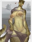 anthro athletic athletic_female big_breasts bodily_fluids bottomwear bottomwear_down breasts clothing female genital_fluids green_body green_scales heart_symbol horn inviting musk musk_clouds nipples non-mammal_breasts scales shoulder_pads solo sweat sweaty_breasts tail tongue tongue_out vaginal_fluids onm11 microsoft the_elder_scrolls argonian reptile scalie 3:4 hi_res