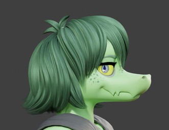 anthro female freckled_face freckles green_body green_hair hair looking_at_viewer side_view solo yellow_sclera violetv0ids cavemanon_studios i_wani_hug_that_gator olivia_halford baryonyx dinosaur prehistoric_species reptile saurischian scalie spinosaurid theropod 3d_(artwork) bust_portrait digital_media_(artwork) portrait