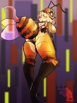 antennae_(anatomy) anthro arthropod_abdomen bodily_fluids breasts erection female fluffy genital_fluids genitals hand_on_butt herm intersex looking_at_viewer looking_back multi_limb neck_tuft nipples nude penis pose presenting simple_background solo tapering_penis tuft vulva wings ssleepyflowers arthropod bee hymenopteran insect hi_res