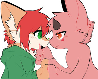 anthro black_horn blush chest_tuft clothing cute_fangs eye_through_hair eyebrow_through_hair eyebrows facial_markings facial_tuft fangs fur green_clothing green_eyes green_hoodie green_topwear hair hands_together head_markings heart_symbol hoodie horn inner_ear_fluff kemono male male/male markings multicolored_body multicolored_fur nose_to_nose open_mouth pink_body pink_hair pink_tongue red_eyes red_hair red_markings romantic smile smiling_at_another tan_body tan_ears tan_fur teeth tongue topwear touching_chin translucent translucent_hair tuft white_body white_fur young young_anthro young_male nem_mo mythology mero_(riunamo) sling_(riunamo) canid canine dragon fox mammal mythological_creature mythological_scalie scalie 2024 absurd_res hi_res