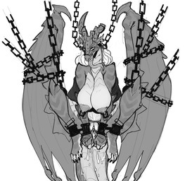 4_toes after_sex anthro areola armor arms_tied big_breasts bodily_fluids bound breasts chain chained cum cum_in_vagina cum_inside cum_on_tail ear_piercing ear_ring feet female genital_fluids genitals hair headgear headgear_only helmet helmet_only legs_tied long_tongue membrane_(anatomy) membranous_wings nipple_piercing nipples non-mammal_breasts non-mammal_nipples nude piercing restraints ring_piercing simple_background solo tail teeth toes tongue tongue_out vulva white_background wings unknown_artist mythology dragon mythological_creature mythological_scalie scalie monochrome