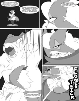 angry anthro attack battle claws dark_legs dialogue duo eyelashes fangs female flower_trick looking_at_hand looking_down size_difference sneak_attack tail talking_to_self teeth text spicykiwi nintendo pokemon tulip_(spicykiwi) generation_2_pokemon generation_9_pokemon meowscarada pokemon_(species) ursaring absurd_res comic english_text hi_res monochrome story