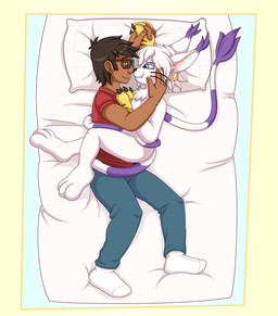 3_toes 4_fingers anthro bed bedroom_eyes black_eyewear black_glasses black_hair black_whiskers blue_bottomwear blue_clothing blue_eyes blue_pants bottomwear brown_eyes clothing cuddling dipstick_tail duo eye_contact eyewear feet female fingers footwear fur furniture glasses gloves gold_ear_ring hair handwear hug human_on_anthro_romance long_tail looking_at_another looking_at_partner male markings muscular muscular_thighs narrowed_eyes nose_to_nose nuzzling pants paw_gloves pawpads pillow pink_pawpads prehensile_tail purple_stripes purple_tail_tip purple_tail_tuft red_clothing red_footwear red_socks seductive short_stack smile socks striped_markings striped_tail stripes tail tail_coil tail_hug tail_hugging_partner tail_markings tail_tuft toes tuft whiskers white_body white_clothing white_footwear white_fur white_hair white_socks yellow_clothing yellow_gloves yellow_handwear phyrexianrevoker bandai_namco digimon the_succubus_hunt champion_(the_succubus_hunt) meri_(gatomon_form) meri_(the_succubus_hunt) digimon_(species) domestic_cat felid feline felis gatomon human mammal absurd_res hi_res