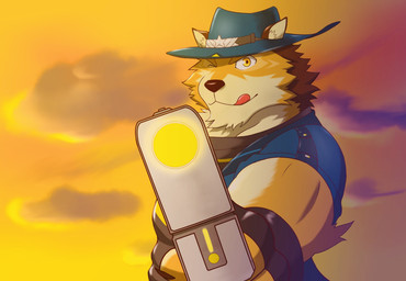 anthro blue_clothing blue_hat blue_headwear clothing countershading fur gesture gun hand_gesture hat headgear headwear looking_at_viewer male multicolored_body multicolored_fur muscular muscular_anthro muscular_arms muscular_male one_eye_closed pointing pointing_at_viewer ranged_weapon solo sunset superhero tongue tongue_out weapon wink winking_at_viewer yellow_eyes syon lifewonders live_a_hero barrel_(live_a_hero) canid canine canis mammal wolf hi_res